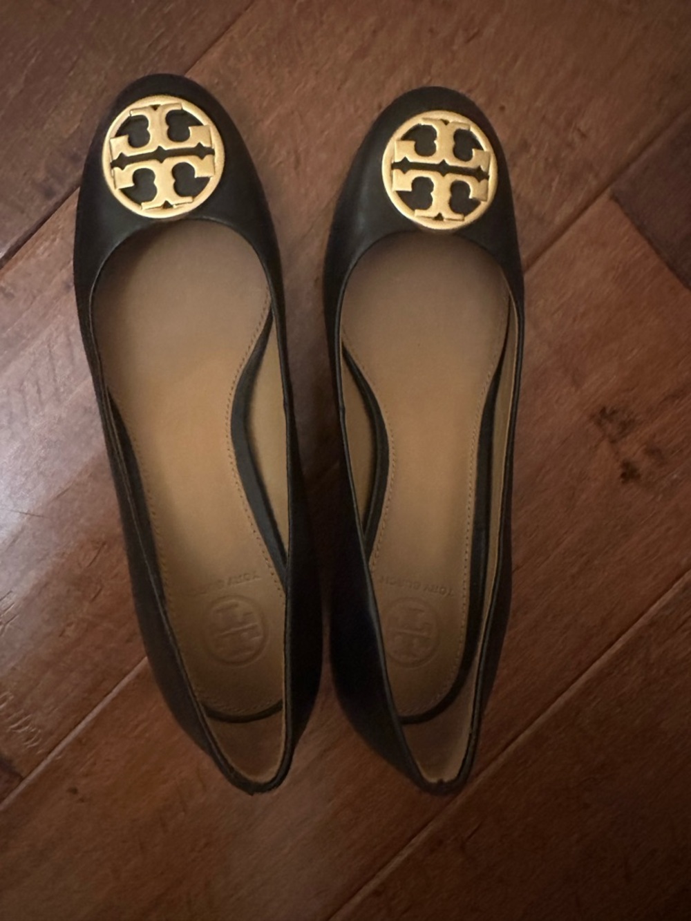 Tory Burch Black Leather Flats with Gold Logo Medallion